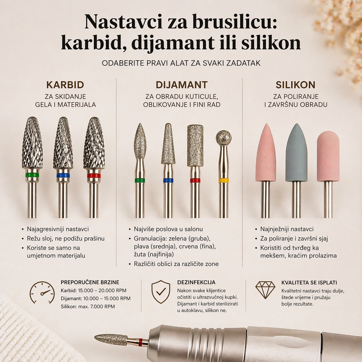 Nastavci za brusilicu. Karbidni nastavak. dijamantni nastavak. Silikonski poliri.